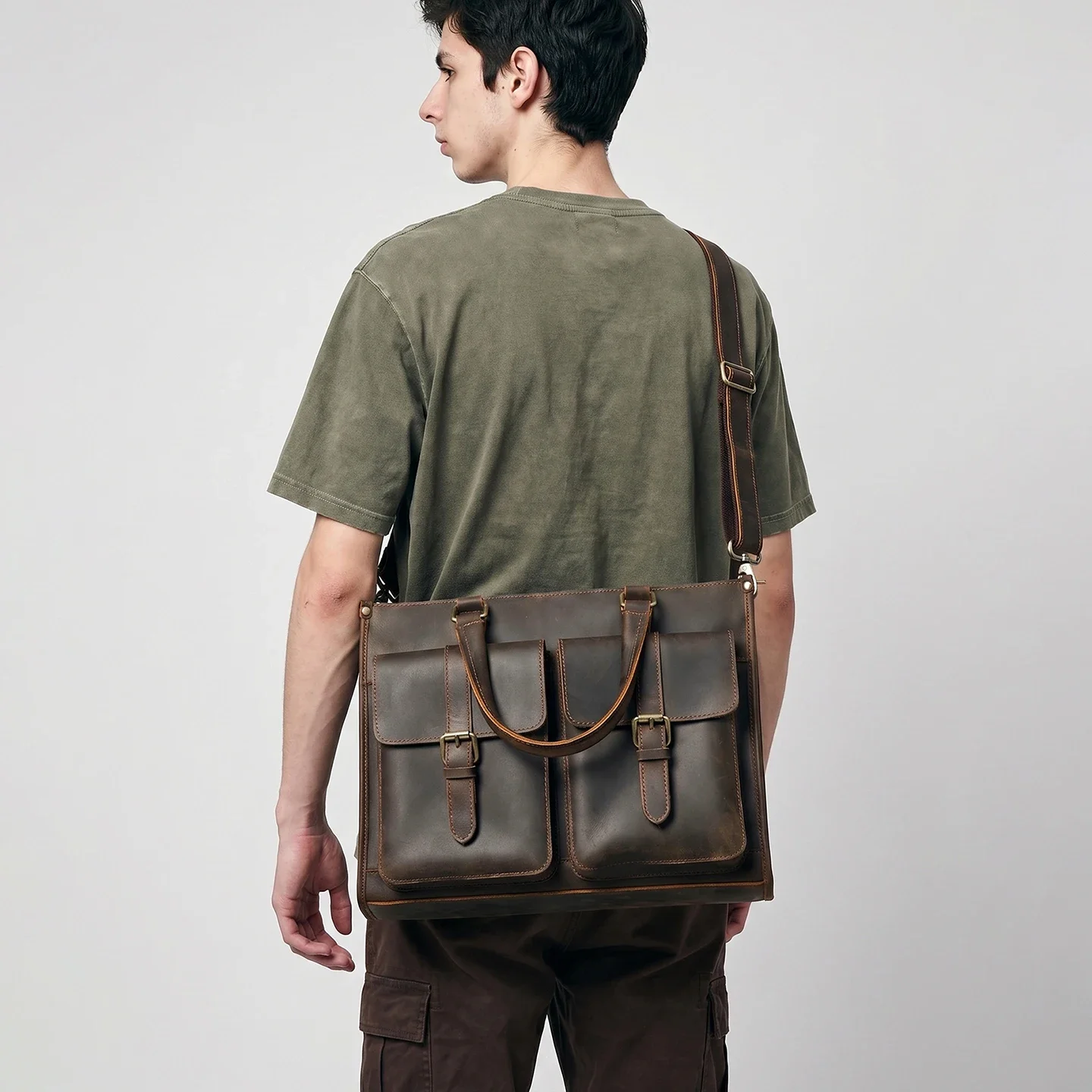 Leather Work Bag Laptop - Bolsa de Ombro Masculina Vintage em