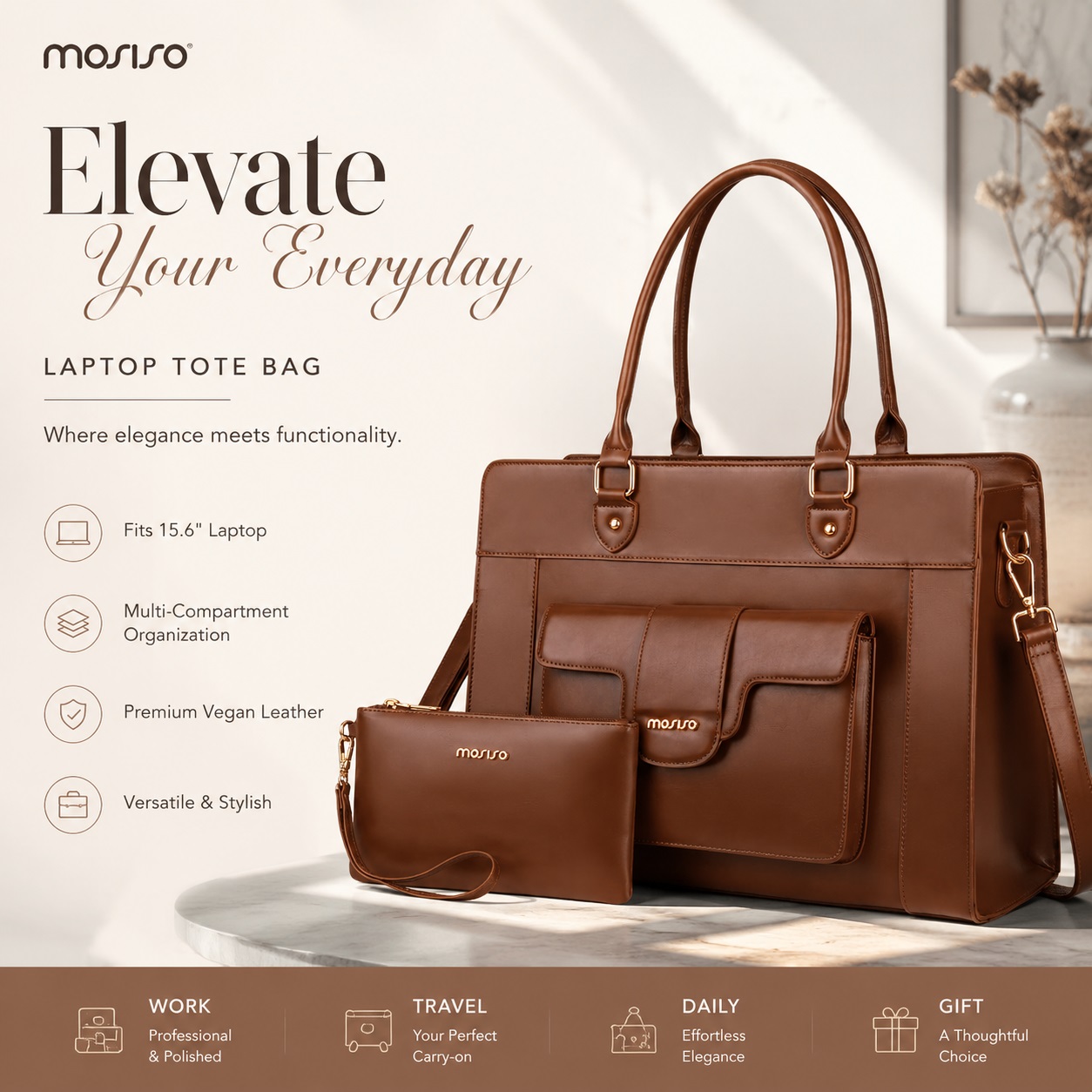 Leather Work Bag Laptop - Bolsa de ombro MOSISO para laptop